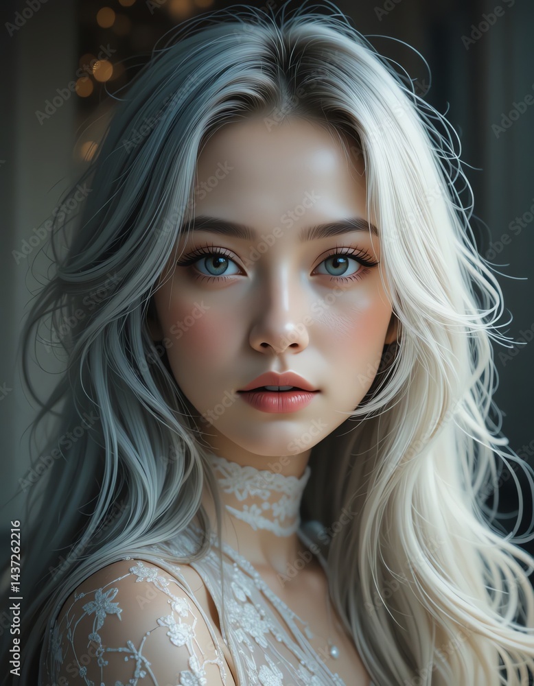 Woman with Long Silver Hair Staring Portrait Woman with Long Silver Hair Staring Portrait