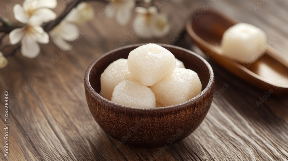 Simple Seasonal Mochi Snack in Wooden Bowl with Soft Colors Simple Seasonal Mochi Snack in Wooden Bowl with Soft Colors