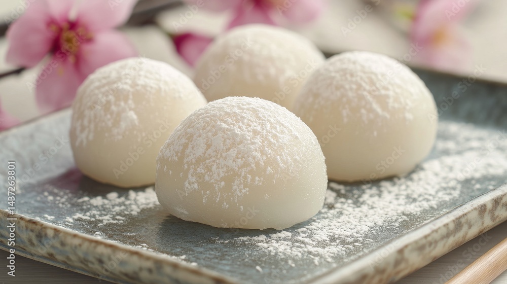 Soft Dusted Mochi with Kinako on Plate Surrounded by Flowers Soft Dusted Mochi with Kinako on Plate Surrounded by Flowers