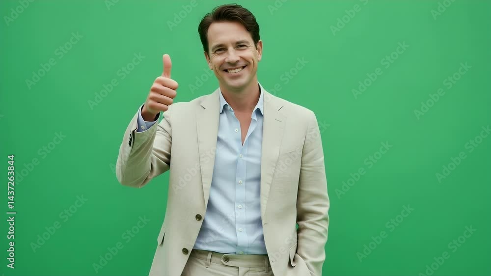 Smiling Man in Beige Suit Against Green Screen Background Smiling Man in Beige Suit Against Green Screen Background