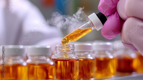 A person is pouring a liquid into a small glass bottle