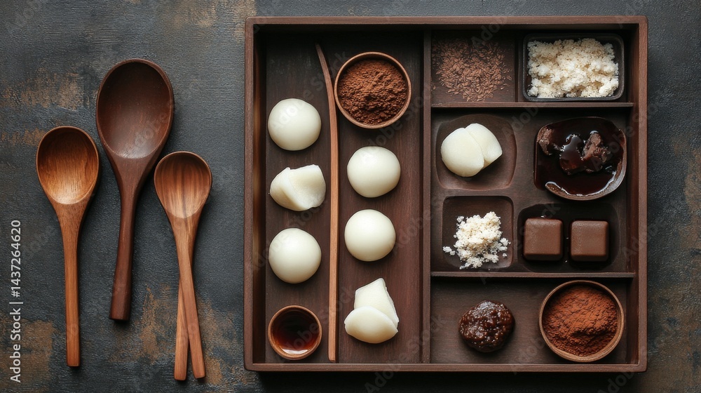 Traditional Mochi Dessert Styled on Wooden Tray with Spoons