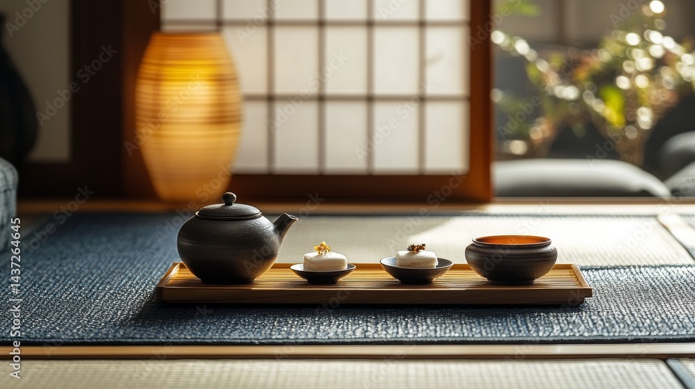 Traditional Japanese Tea Ceremony Set with Wagashi Delicacies