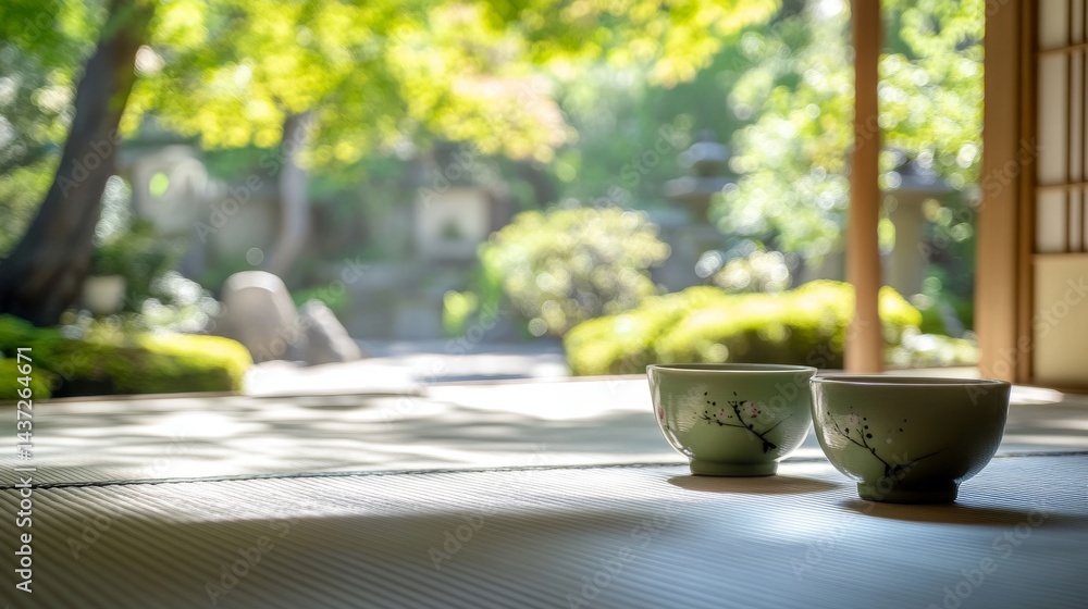 Traditional Japanese Tea Ceremony Set with Wagashi in Garden Space
