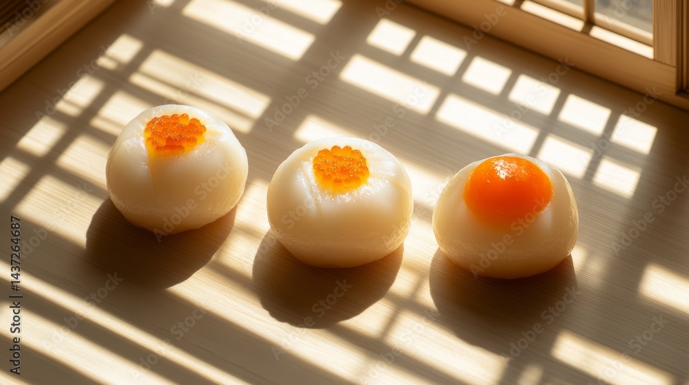 Trio of Delicate Daifuku on Wooden Surface with Natural Light