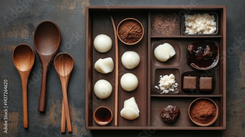 Obraz na płótnie Traditional Mochi Dessert Styled on Wooden Tray with Spoons w salonie