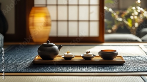 Obraz na płótnie Traditional Japanese Tea Ceremony Set with Wagashi Delicacies w salonie