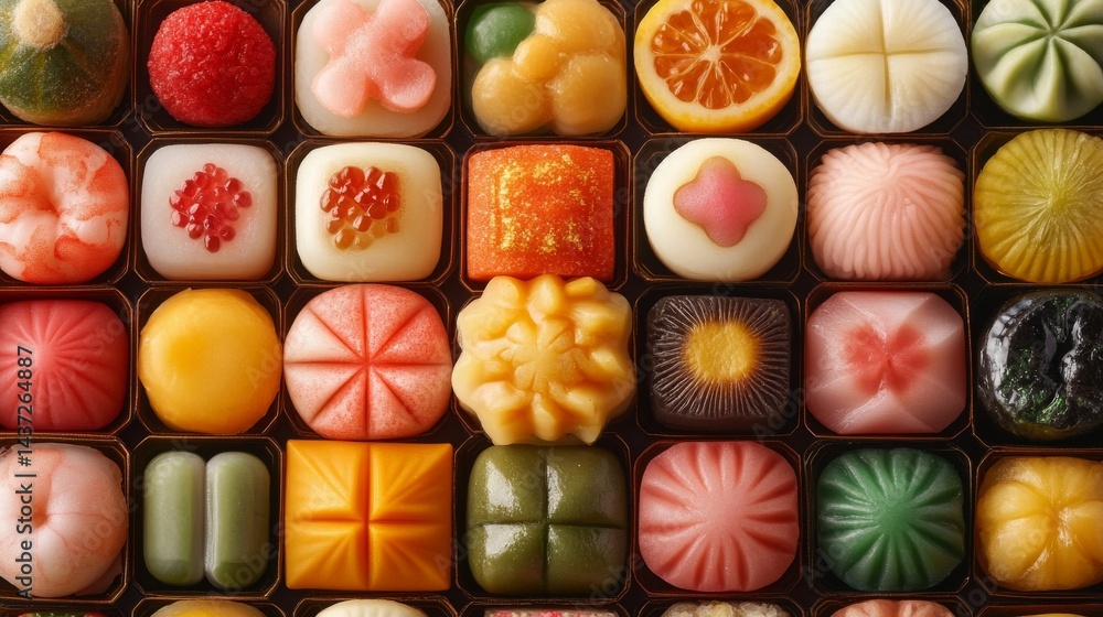 Assorted Wagashi Sweets in Colorful Arrangement on Display