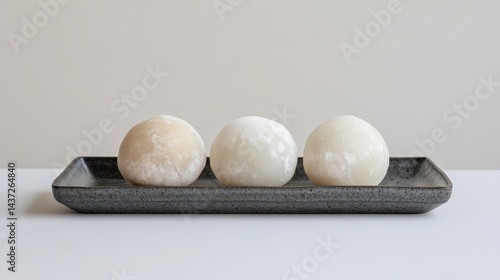 Obraz na płótnie Trio of Traditional Mochi Dessert on Flat Tray with Neutral Background w salonie