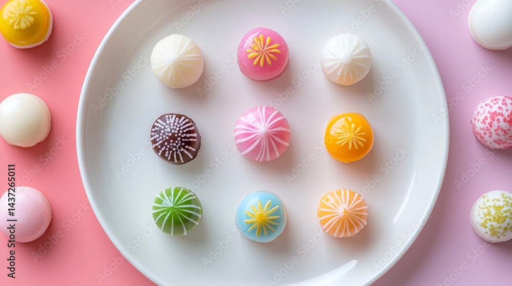 Colorful Wagashi Arrangement on Plate Minimalist Design