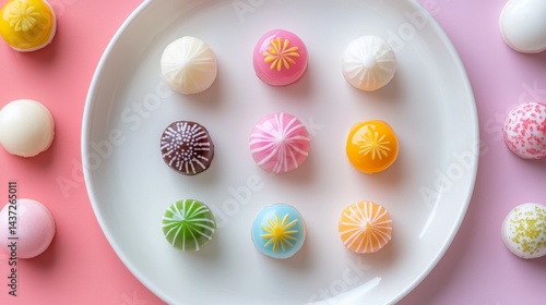 Obraz na płótnie Colorful Wagashi Arrangement on Plate Minimalist Design w salonie