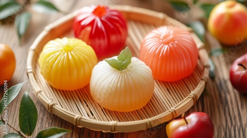 Obraz na płótnie Seasonal Wagashi Delights in Natural Colors on Wooden Plate w salonie