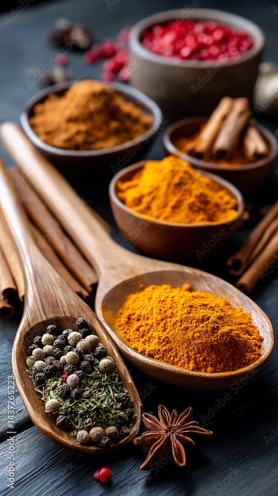 Various spices in wooden bowls and spoons on dark wooden table. Possible use for a food blog or cooking website Various spices in wooden bowls and spoons on dark wooden table. Possible use for a food blog or cooking website