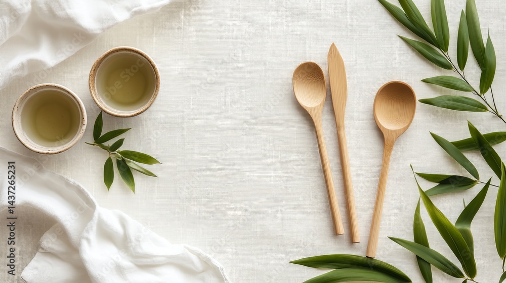 Elegant Wagashi Presentation on White Linen with Bamboo Utensils