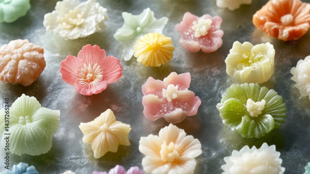 Seasonal Wagashi with Flower Motifs for Japanese Dessert Presentation