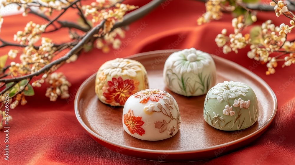 Seasonal Flower Motifs in Wagashi Arrangement on Rustic Plate