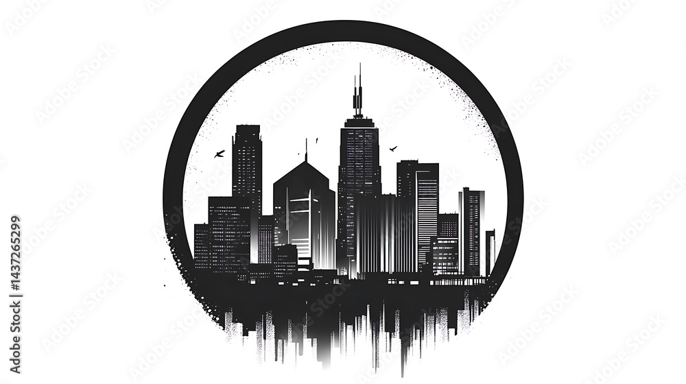 Obraz premium Black and white circular illustration of a modern city skyline with reflection effect 