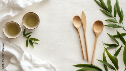 Obraz na płótnie Elegant Wagashi Presentation on White Linen with Bamboo Utensils w salonie