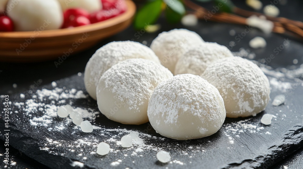 Dusted White Mochi Balls on Slate Board with Garnishes