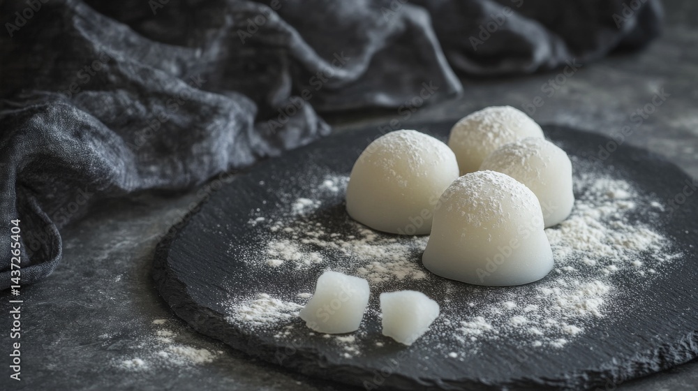 Soft White Mochi Dusted with Rice Flour on Slate Surface
