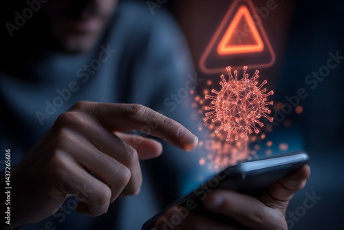 System hacked warning alert, Man using smartphone with cyber attack network, virus, spyware, scam or Malicious software. Cyber security and cybercrime. Compromised information internet