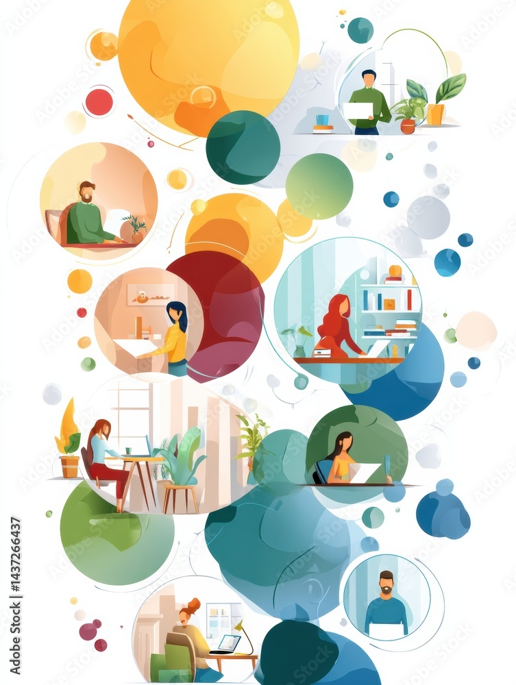 Fototapeta premium Remote Team Members Engaged in Various Activities Displayed in a Vibrant Circular Layout Featuring Home Workspaces and Collaboration