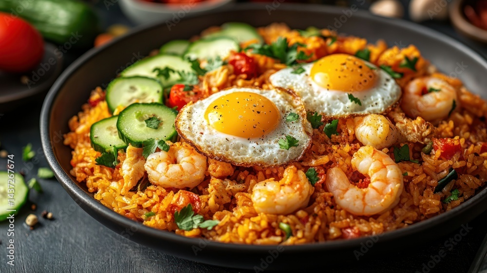 The dish is served in a dark bowl, with visible seasonings, and appears appetizing The dish is served in a dark bowl, with visible seasonings, and appears appetizing