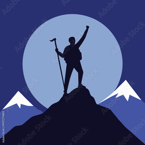 Silhouette of a Hiker Raising a Trekking Pole