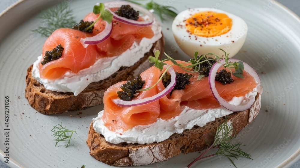 Rye toast with smoked salmon, cream cheese, caviar, egg, and dill garnish Rye toast with smoked salmon, cream cheese, caviar, egg, and dill garnish
