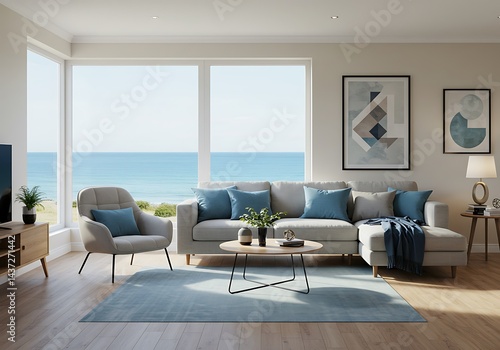 A bright living room with ocean view featuring a sofa chair and artwork on the wall near window