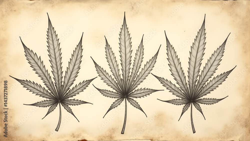 Naklejka premium Hand-sketched charcoal cannabis leaves on parchment. Smudged details and coffee stains create an antique, scholarly HD wallpaper.
