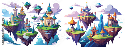 Fantasy world of multiple floating islands, each with its own ancient castle, surrounded by magical mist and flying creatures