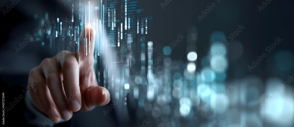 Businessman touching on AI machine learning on virtual screen with big data. Global business development, digital marketing and financial data analysis with AI technology. Businessman touching on AI machine learning on virtual screen with big data. Global business development, digital marketing and financial data analysis with AI technology.