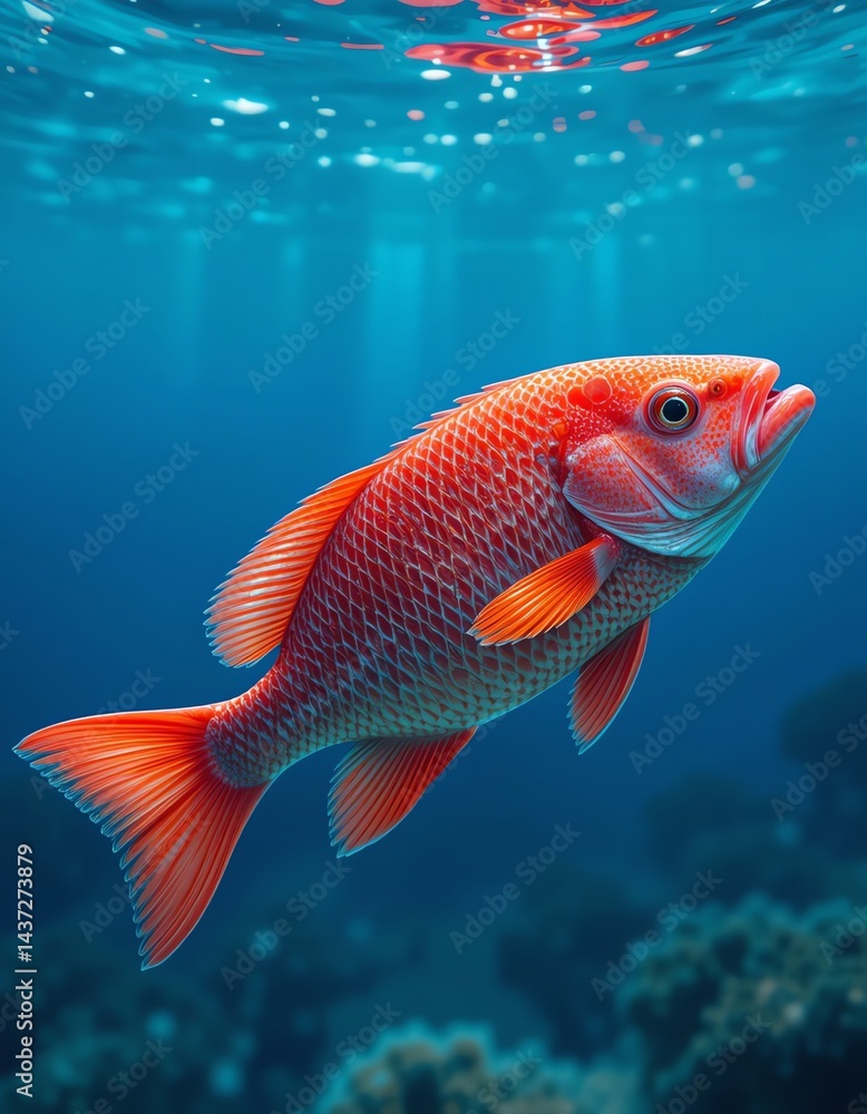 Fototapeta premium Swimming Red Fish Underwater with Sun Rays and Coral