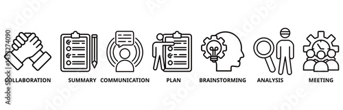 Brief icon set illustration contain collaboration, summary, communication, plan, brainstorming, analysis and meeting.