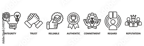 Credibility icon set vector illustration concept with integrity, trust, reliable, authentic, commitment, regard, and reputation icon