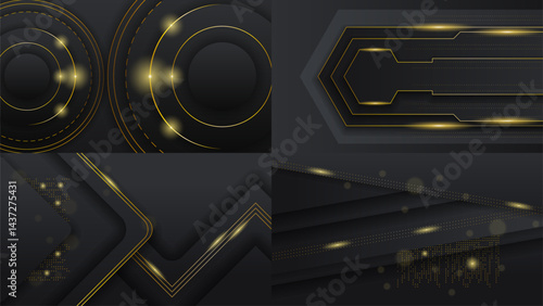 Set Abstract Collection Dark Black Gold Material Modern Background With Golden Lines Stripes Shadows Backdrop Wallpaper Decoration Vector Design Style