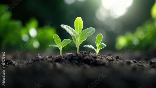 green sprouts growing in layers, from small to big, against a background of nature, on soil or ground. Green trees and plants grow behind, symbolizing financial growth through business intensity and p