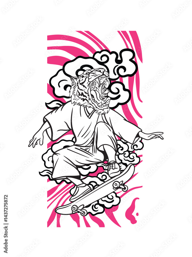 Fototapeta premium tiger fighter with japanese doodle style