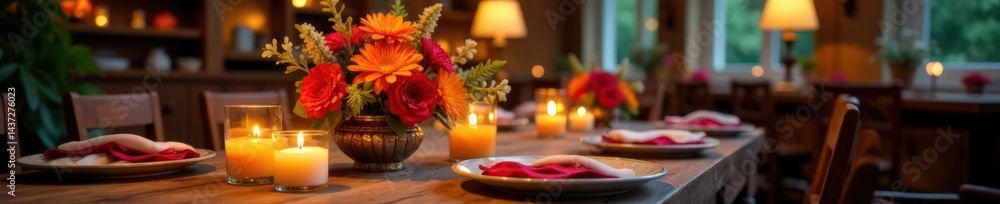 Vibrant flowers and candles adorn a table in a lively atmosphere , party, flowers, ribbons Vibrant flowers and candles adorn a table in a lively atmosphere , party, flowers, ribbons