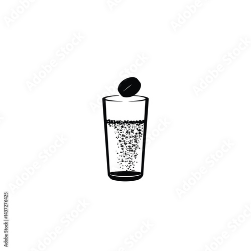Effervescent aspirin tablet glass silhouette on white background