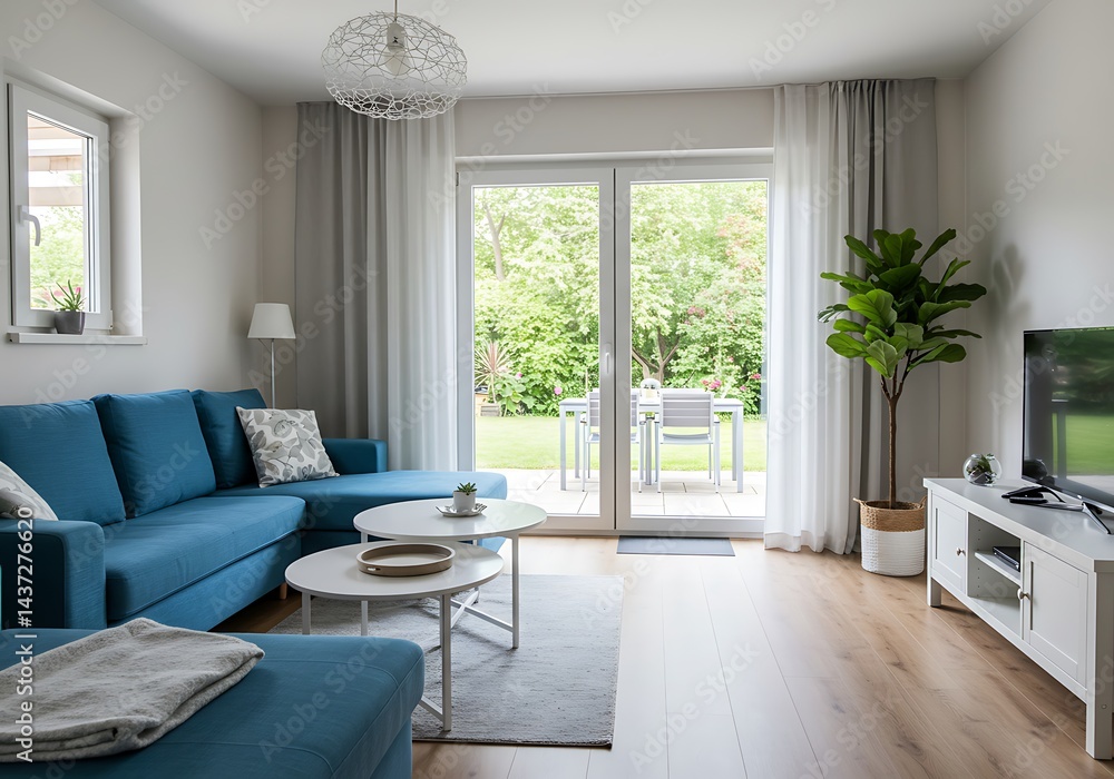Fototapeta premium Bright living room with blue sectional sofa overlooking a lush green backyard and patio area