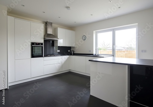 Wallpaper Mural A modern kitchen with white cabinets black countertops and a stainless steel range hood present here Torontodigital.ca