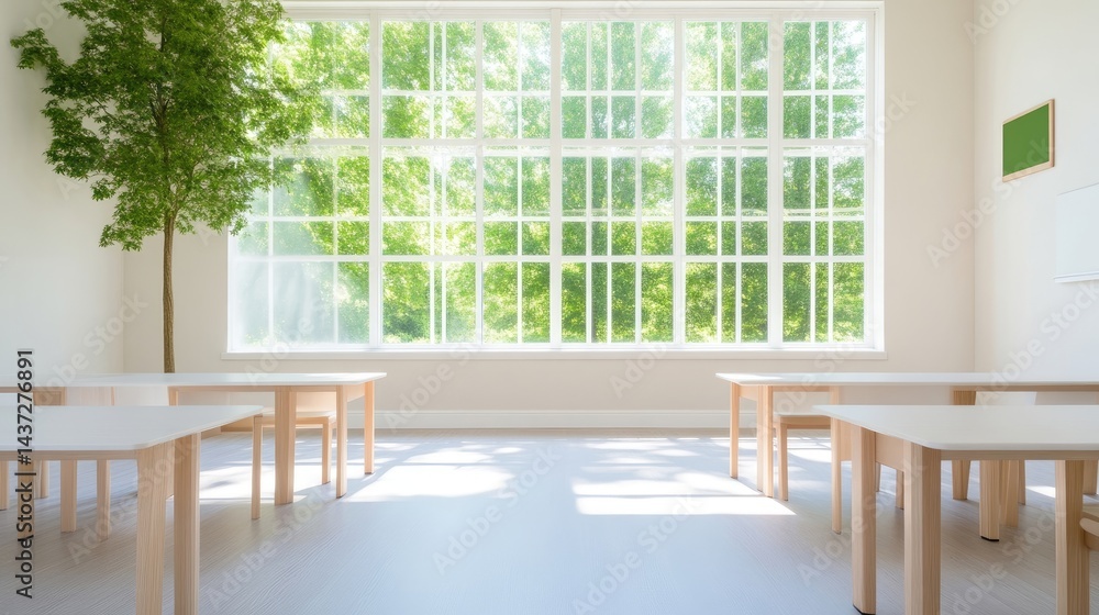 Fototapeta premium Bright Classroom Small Tables and Tree Minimalist Style Natural Sunlight Wide Angle Shot Light Wood Furniture Empty Room Bright Greenery Serene Mood Ideal for Education Marketing