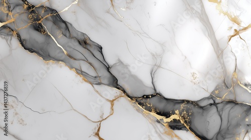 Elegant white marble texture with soft gray and black veining accented by subtle golden details creating a refined and luxurious abstract design