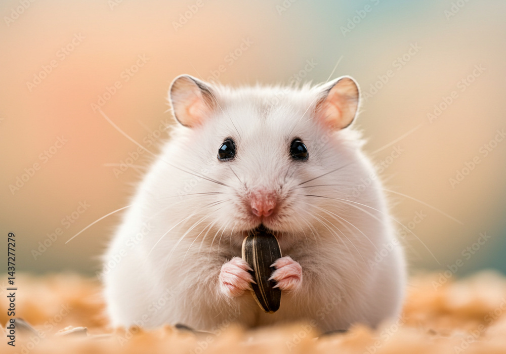 White fluffy hamster nibbling a snack on a pastel background, capturing a cute pet moment White fluffy hamster nibbling a snack on a pastel background, capturing a cute pet moment
