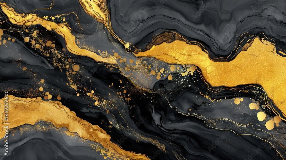 Obraz premium Luxurious black marble texture with bold golden veins and fluid patterns creating a dramatic and sophisticated abstract design