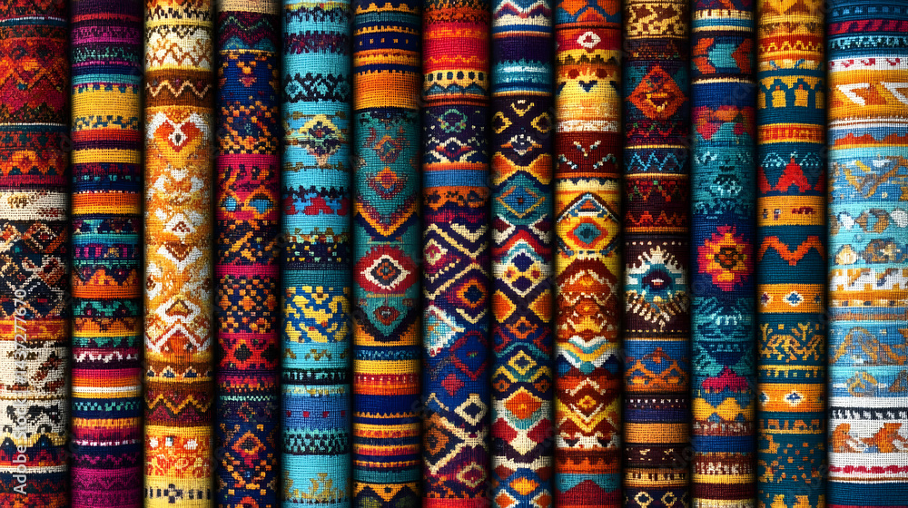 Vibrant tapestry collection exhibiting diverse ethnic patterns and textures