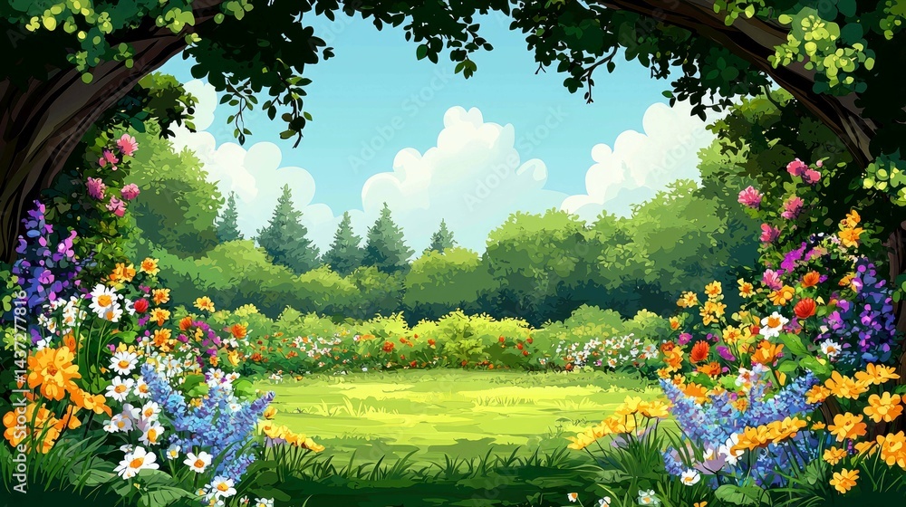 Obraz premium Vibrant Garden Landscape: Sunny Day in a Blooming Meadow