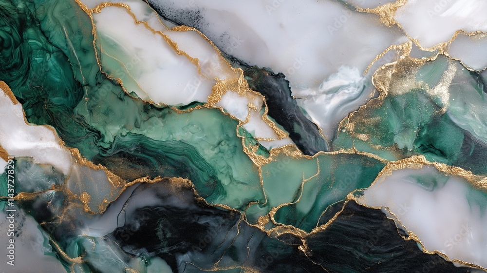 Luxurious marble texture with emerald green, white, and black tones highlighted by shimmering gold veins in an elegant abstract design Luxurious marble texture with emerald green, white, and black tones highlighted by shimmering gold veins in an elegant abstract design
